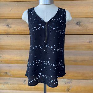 Tempted Womens Black Bird Print Half Zipped Sleeveless Top S
